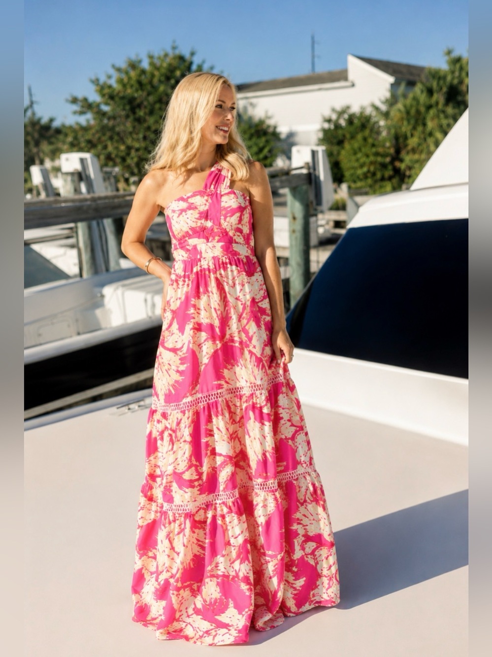 BEAUTIFUL Southern Frock One-Shoulder Maxi Dress – Pink Tropical Print, Resort